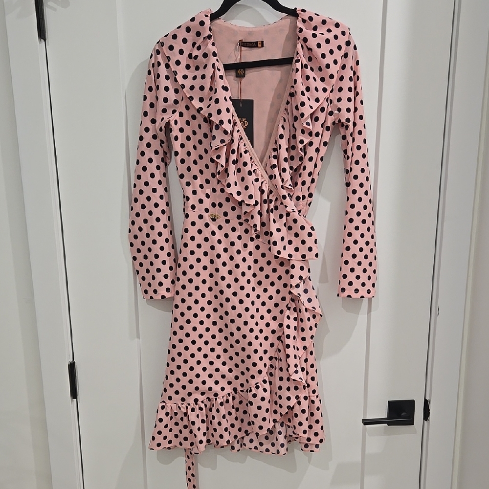 Pink Polka Dot Long Sleeve Wraparound Sheat Dress BNWT